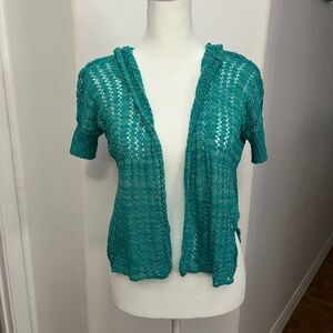 open weave short sleeve knit sweater with hoodie